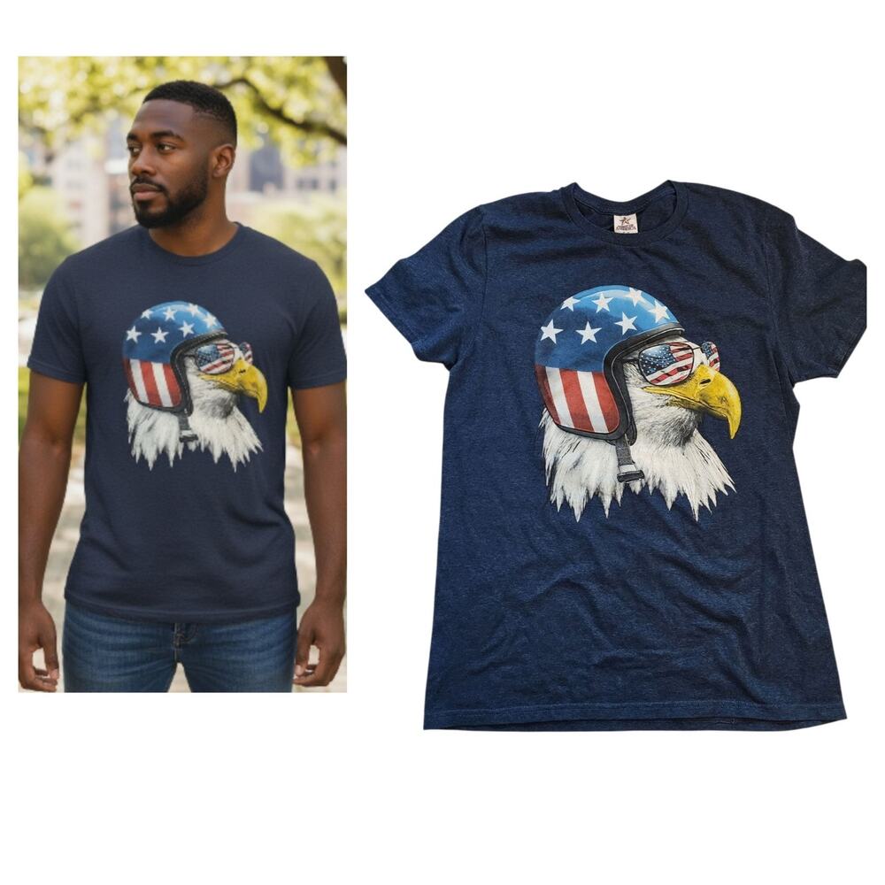 Spirit of America Mens Bald Eagle Graphic Tee Size S/M Blue American Patriotic